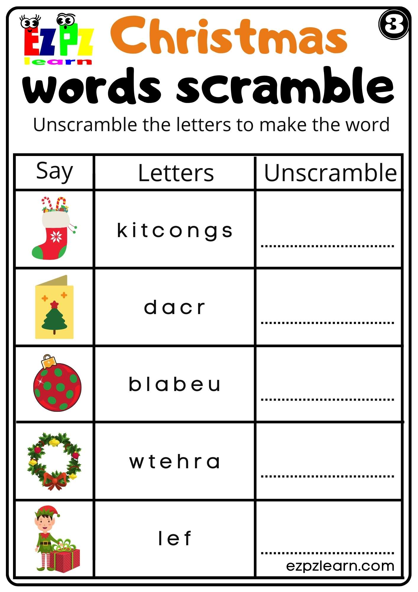 Christmas Holiday Word Scramble Worksheet For K5 Kids and ESL Free PDF